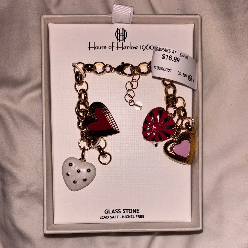 House of Harlow 1960 Gold and Red Heart Charm Bracelet